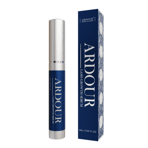 Ardour Lash growth serum bottle and packaging in navy blue and silver