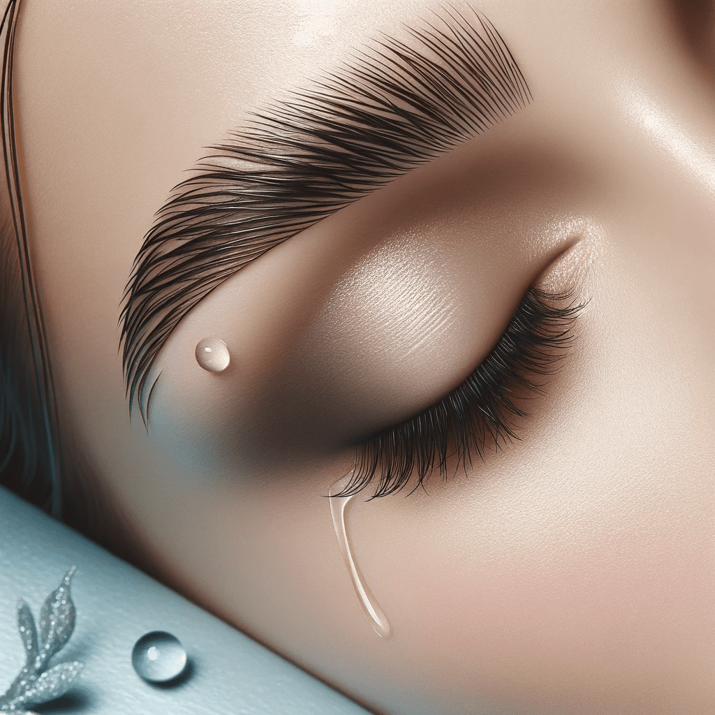 Close-up view of perfectly laminated eyebrows with several water droplets, symbolizing care after brow lamination