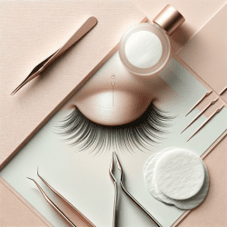 Minimalist beauty image showing gentle removal of false eyelashes with tweezers, alongside lash adhesive remover and cotton pad, set against a soft pastel background with metallic accents, ideal for a beauty blog