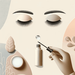 A serene beauty blog image showcasing a person carefully removing lash glue from false eyelashes. The focus is on the eyes, set against a minimalist background with soft pastel shades and neutral tones. A small bottle of lash glue remover is subtly positioned in the scene, highlighting the theme of delicacy and precision in makeup removal.