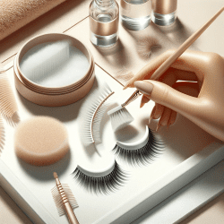 Image for a beauty blog showcasing the process of cleaning false lashes. It features a set of false eyelashes being gently cleaned with a soft brush and mild cleanser, set against a minimalist background with soft pastel shades and neutral tones. A small container of lash cleanser and a delicate brush are included in the scene, highlighting the theme of thorough and gentle lash care
