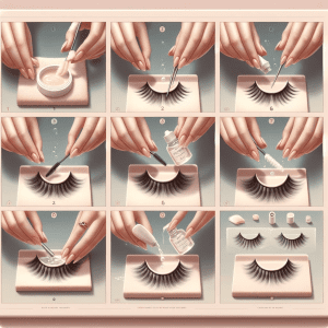 A step-by-step guide image for a beauty blog, illustrating the process of cleaning false lashes. The stages include removing lashes, gently brushing, applying a mild cleanser, and laying them out to dry. Each step is depicted against a minimalist background with soft pastel shades and neutral tones, highlighting an elegant and clean approach to lash care