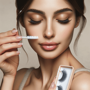 A beauty blog image showing a woman with minimal makeup, demonstrating the cleaning of false lashes. The image captures her gently brushing the lashes and applying a mild cleanser. The setting is minimalist, with a focus on natural beauty and cleanliness, portrayed in soft pastel shades and neutral tones.
