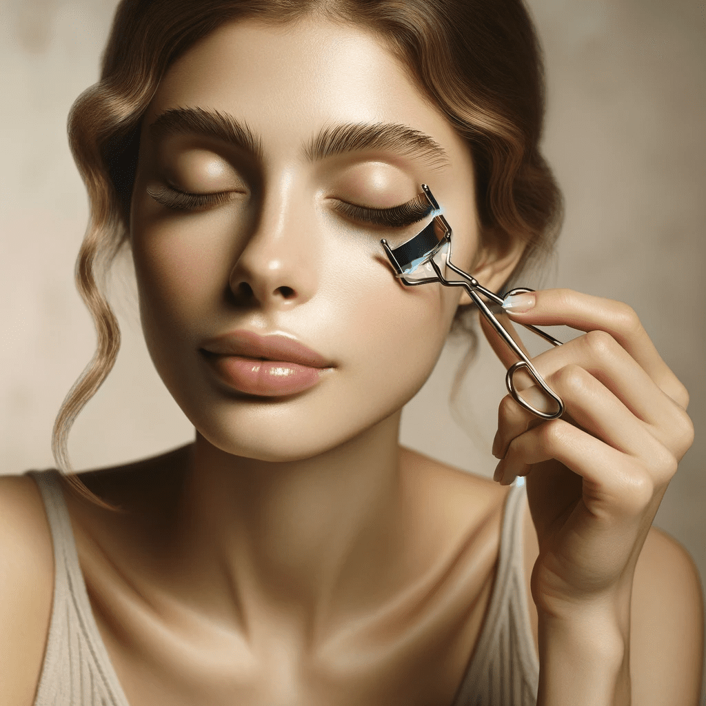 An image for a beauty blog showing a woman with minimal makeup, using a warm spoon to curl her lashes. The minimalist setting focuses on natural beauty, with soft pastel shades and neutral tones. Her expression conveys calmness and expertise in using a warm spoon for lash curling