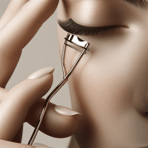 An image for a beauty blog, displaying a simple technique of curling lashes with a warm spoon. The minimalist and uncluttered background highlights the spoon and the lashes, set against soft pastel shades and neutral tones, emphasizing the simplicity and effectiveness of the method