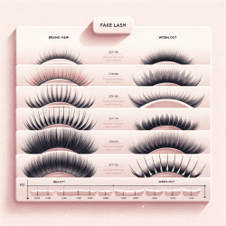 Image for a beauty blog, depicting the lifespan of fake lashes. It shows various stages, from brand new to worn out, each labeled with the duration of wear. The minimalist background with soft pastel shades and neutral tones adds an educational tone.