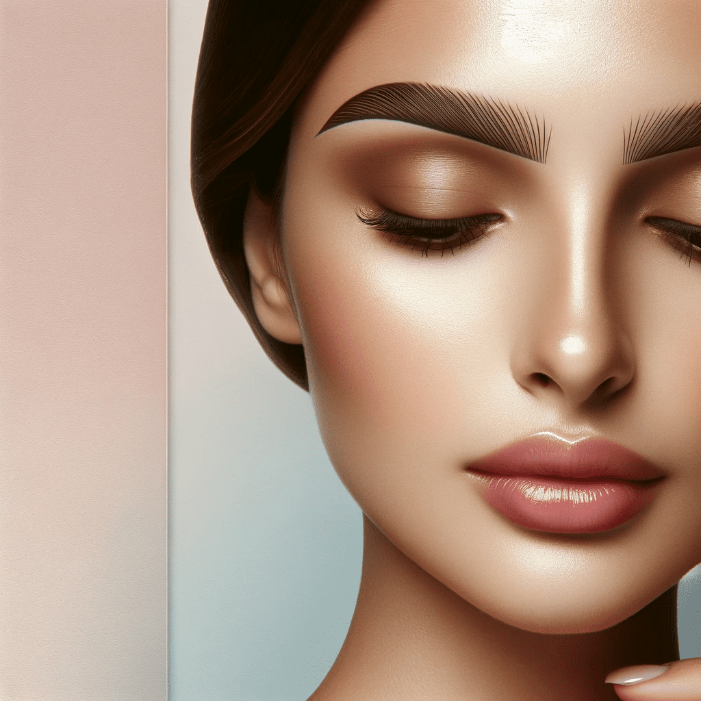 Elegant close-up of a person with medium skin tone showcasing beautifully shaped henna brows, set against a soft, pastel-colored background, highlighting the natural and long-lasting effect of henna on eyebrows