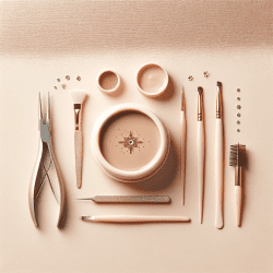 n elegant beauty blog image titled 'How to Lighten Henna Brows at Home', showcasing a small, neatly arranged set of brow care tools including tweezers, a brush, and a bowl of henna paste on a soft pastel background with neutral tones and accent metallics, embodying a minimalist and sophisticated aesthetic.