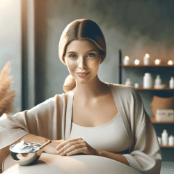 Blog Post: Safe Facials When Pregnant: Tips & Choices. Image: A serene, pregnant woman enjoying a facial treatment in a minimalist spa with soft pastel and neutral tones, accented by subtle metallic elements.