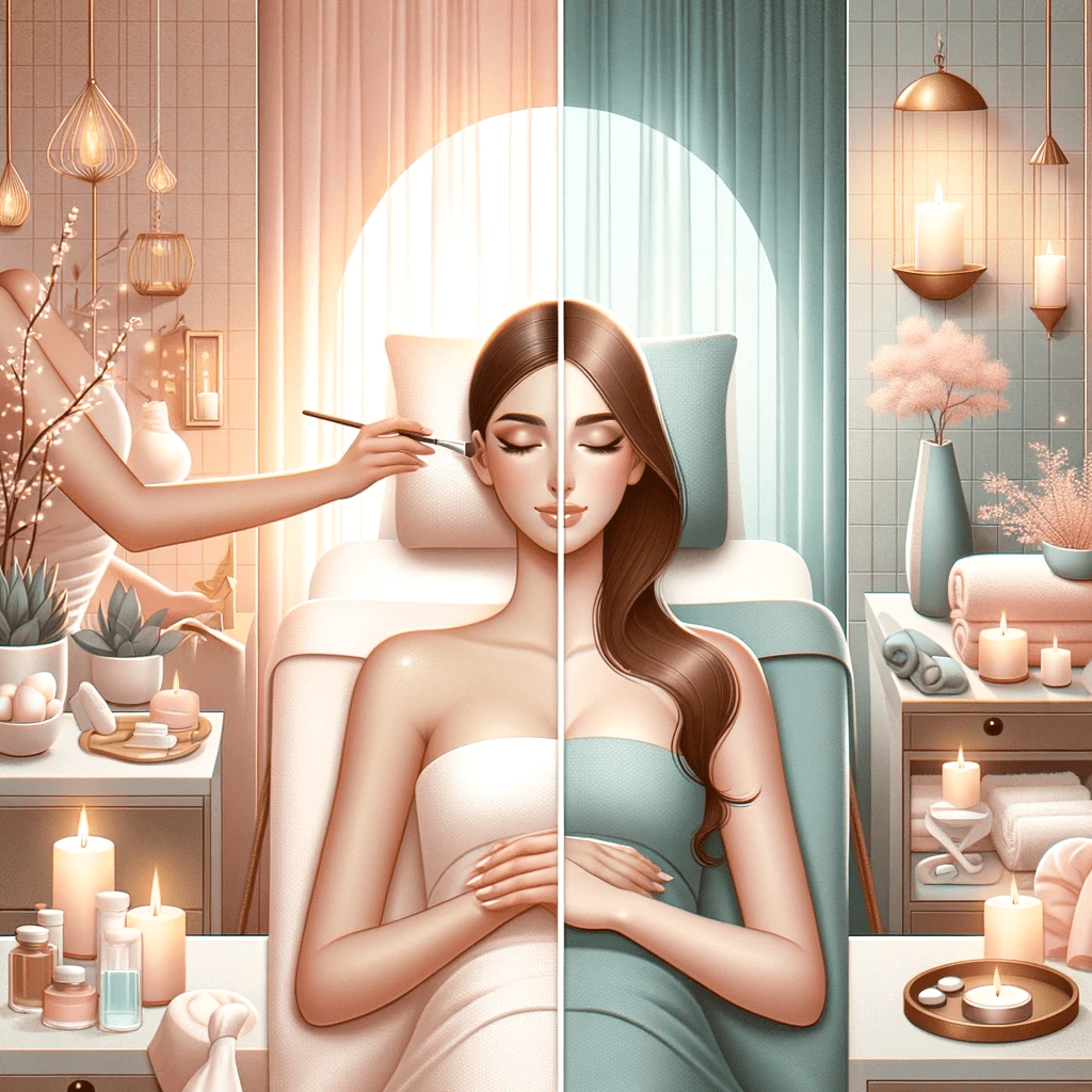 Facial vs. Massage: Which is Better for You? Image: A split-scene showcasing a woman receiving a facial on one side and another enjoying a massage on the other, both in serene, minimalist spa settings with soft pastels and neutral tones