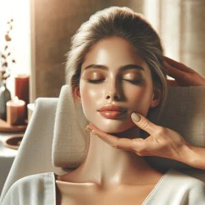 'Manual Lift Facial', showing a relaxed woman receiving a gentle facial treatment in a spa setting, highlighting her natural beauty and radiance, with a palette of soft pastels and neutral tones