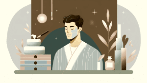 Why Men Should Get Facials', depicting a male character receiving a facial treatment in a serene setting with pastel and neutral tones."