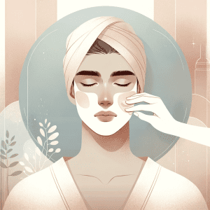 Why Men Should Get Facials', depicting a male character receiving a facial treatment in a serene setting with pastel and neutral tones."