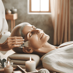 "Facial Treatments for Aging Skin: A peaceful spa setting showing a middle-aged woman receiving a facial treatment, conveying luxury and serenity."