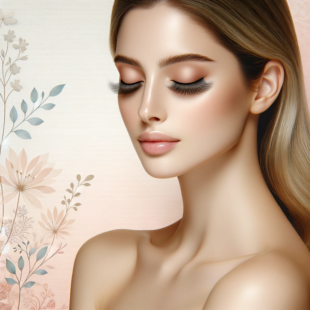 Serene woman with long, regrown lashes and a minimalist pastel background for 'Discover How Long Do Lashes Take to Grow Back: A Guide