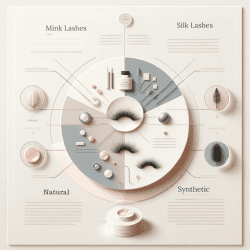 An elegant and minimalist infographic explaining the composition of eyelashes. It features a design with soft pastel shades and neutral tones, accented with subtle metallics for contrast. The infographic is composed of text boxes and icons illustrating natural eyelash components, including keratin, proteins, and various nutrients. The background is clean and uncluttered to enhance the clarity and readability of the information presented