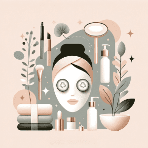 Elegant spa-themed image showcasing facial care, with a facial mask, cucumbers on eyes, and a calming, pastel-colored backdrop.