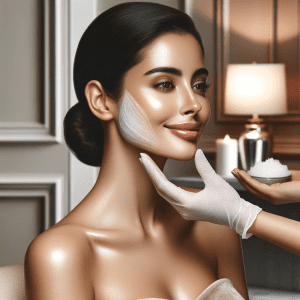 "Unlock Glowing Skin :The Role of Exfoliation in Facials blog post - A Hispanic woman smiling during a facial exfoliation in a modern spa
