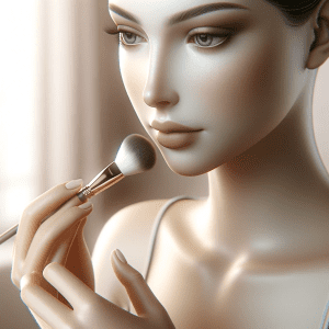  'How to Apply Makeup: Step by Step Beginners Guide', showing a natural-looking character in a serene, pastel-toned setting, applying makeup."