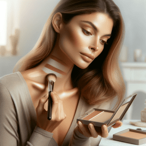 mage for 'Master How to Do Contour Makeup - Easy Guide' showing a natural-looking woman applying contour makeup, set in a minimalist, softly lit environment