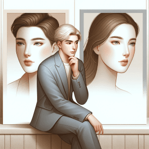 Men's Perception of Women Based on Makeup for blog post "why do woman wear makeup ?featuring a male character thoughtfully observing two portraits of the same woman, one with makeup and one without, set against a minimalist background with soft pastel shades.