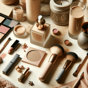 Horizontal image for the blog post 'Why Do Women Wear Makeup? Uncover Reasons' featuring a variety of makeup products like foundation, lipstick, and brushes in soft pastels and neutral tones