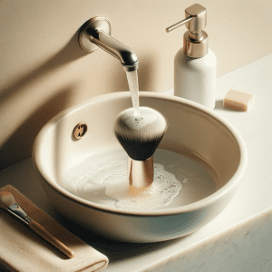 How to Clean a Makeup Brush - A high-quality makeup brush being cleaned under a gently running faucet in a softly lit, neutral-toned bathroom with a white porcelain sink, alongside a bottle of brush cleaner and a clean towel.