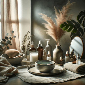 "Gentle Eye Makeup Removal Tips & Tricks - Vanity setup with natural skincare products for gentle makeup removal, reflecting a serene beauty routine."