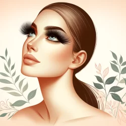 Unlock the Secrets to Luscious Lashes blog post featured image: A woman with beautiful long lashes looking upward, framed by soft pastel hues and subtle natural elements