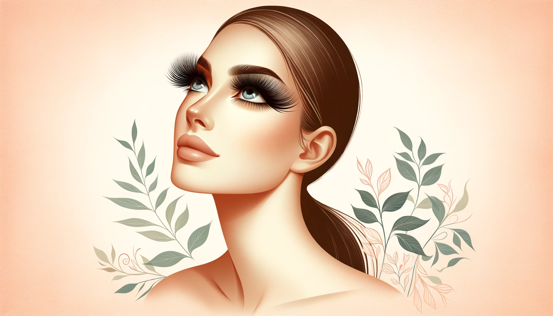 Unlock the Secrets to Luscious Lashes blog post featured image: A woman with beautiful long lashes looking upward, framed by soft pastel hues and subtle natural elements