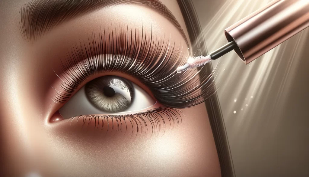 Close-up of an eye with long lashes getting serum applied, highlighting the care and precision in lash serum application