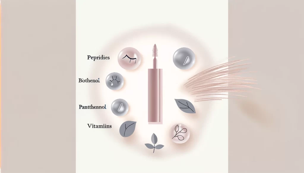 Illustration of key lash serum ingredients like peptides, biotin, and vitamins, in a minimalist and elegant design
