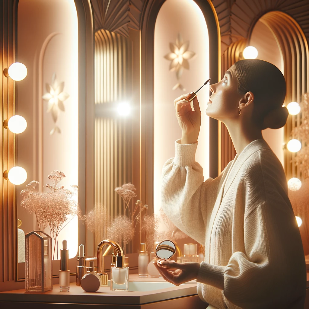 Person applying Ardour Lash Growth Serum, reflected in a mirror, in a warm, inviting setting