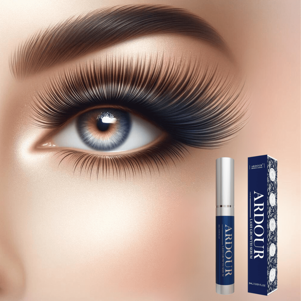 Refined close-up of voluminous lashes with Ardour Lash Growth Serum, set against a soft, elegant backdrop